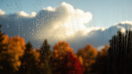 Experience the beauty of autumn through raindrops clinging to a window, offering a unique perspective of a vibrant landscape. Golden and orange trees stand in contrast to a beautiful sky filled with fluffy clouds. The blurred effect, reminiscent of bokeh, adds a dreamy and atmospheric quality to this scenic view. Perfect for conveying the peaceful essence of fall, this image is ideal for articles about weather, seasons, or to add a colorful touch to any project.の素材