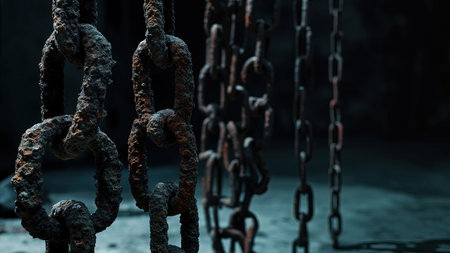 A close-up captures the intricate texture of several rusty metal chains suspended in a dark and moody environment. The image showcases extreme detail of the rust, corrosion, and weathered surfaces, offering a striking visual of decay and deterioration. The chains, with their old and antique appearance, evoke themes of captivity, freedom, and history. This dramatic and grungy shot is ideal for projects exploring industrial, vintage, or abstract concepts, perfect for designs needing a rough texture background.の素材