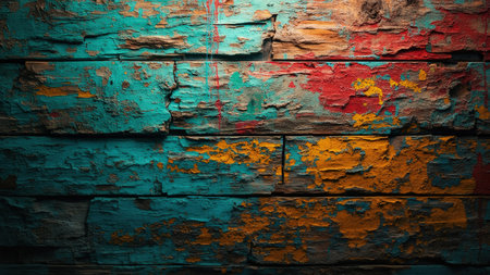 This captivating close-up showcases a vibrant, textured abstract art piece featuring a rustic wall with dramatically peeling and chipped paint. The wooden surface displays a beautiful interplay of teal, red, and yellow hues, creating a striking background of grunge and vintage charm. This highly detailed image of a weathered and distressed texture is ideal for adding artistic flair to design projects, websites, or print materials requiring a unique and colorful abstract element.の素材