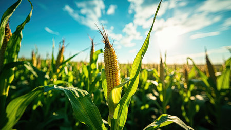 A close-up view captures the vibrant details of a fresh ear of corn in a lush cornfield, set against a vivid blue sky on a sunny day. This image showcases the beauty of nature and agriculture, highlighting the growth and ripeness of the organic crop. Perfect for illustrating healthy food, farming, or the harvest season, this photograph emphasizes the golden kernels and provides a visual for concepts like food production and sustainability. It is a valuable resource for projects promoting healthy eating and the agriculture industry.の素材