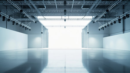 A modern and minimalist interior presents an empty event hall featuring a bright white stage, perfectly poised for lighting and various events. The contemporary design emphasizes space and clean lines, with a polished concrete floor enhancing the bright ambiance. This versatile venue is ideal for corporate gatherings, business presentations, exhibitions, or showcase events, offering a blank canvas for creative design and impactful spotlight effects.の素材