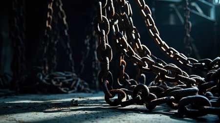 A close-up shot captures the imposing presence of heavy, rusty chains in a dark industrial setting. Dramatic lighting accentuates the metal's weathered texture, highlighting the grunge and old age of the iron links. The chains, hanging and lying on the ground, evoke themes of imprisonment, bondage, and potential freedom. This abstract image is ideal for projects exploring concepts of strength, security, and decay, with a focus on texture and detail.の素材