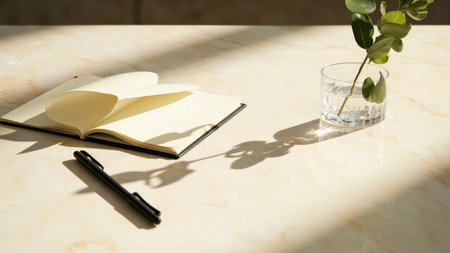Create an inspiring and modern workspace with this aesthetic stock image. Featuring a minimalist composition, the photograph showcases a clean marble surface with a notebook, pen, and a delicate vase of greenery. Bathed in soft sunlight, the bright and airy scene offers a sense of calm and focus. Ideal for design, lifestyle, or creative projects, this image provides ample copy space and evokes inspiration for home office environments, journaling, or visual branding.の素材