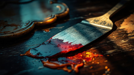 A close-up shot reveals a bloody spatula resting on a dark wooden table, instantly evoking a crime scene. This chilling illustration depicts a crime of violence, with blood suggesting murder and forensic evidence. The spatula, possibly a weapon, lies as a grim reminder of death. Perfect for projects requiring dramatic visuals related to crime scene investigation, horror, or themes of justice and danger. The gory details and sinister mood create an impactful visual narrative.の素材