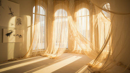 Step into an elegant room bathed in warm natural light. Golden curtains and drapes frame the window, casting soft sunbeams and gentle shadows across the space. Delicate artistic sketches adorn the walls, creating a sophisticated gallery wall. This interior offers a peaceful and serene ambiance, perfect for projects highlighting home decor, architecture, or luxury design. The flowing fabric and neutral, warm tones evoke a sense of dreamy sophistication.の素材