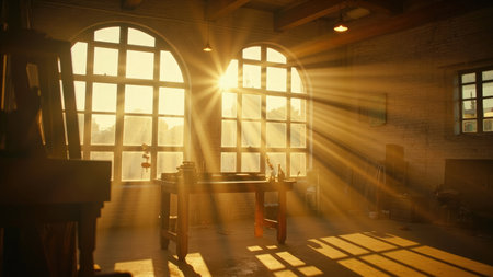 Step into an artist's studio bathed in sunlight. This interior showcases dramatic light rays pouring through large arched windows, illuminating a wooden workspace. The golden sunbeams cast long shadows across the brick brick wall, creating an atmospheric, vintage feel. Perfect for conveying artistic inspiration, this bright and airy space inspires creative endeavors. Ideal for designers, art blogs, and professionals seeking peaceful imagery.の素材