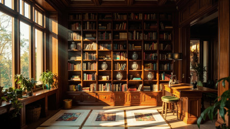 Immerse yourself in the tranquil atmosphere of a classic, elegant library room.  Sunlight streams through the window, illuminating the meticulously arranged bookshelves filled with volumes. This wooden interior features a desk perfect for focused study and reading. The warm light and cozy ambiance create an inviting space for learning and relaxation. Ideal for illustrating interior design projects, educational materials, or adding a touch of vintage style to your website, this image evokes a sense of knowledge and sophistication.の素材