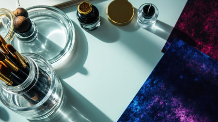 An overhead, flat lay composition showcases artistic tools bathed in soft light, ideal for creative projects. This still life arrangement features ink bottles, watercolor brushes, and intriguing textures. A palette of vibrant colors, including gold, black, blue, and purple, creates visual interest. Perfect for designers, artists, and craft enthusiasts, this image can enhance websites, social media, and marketing materials related to painting, art supplies, or creative workshops.の素材
