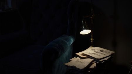 Experience the intimate ambiance of a cozy reading area bathed in the warm glow of a vintage lamp. This detailed, close-up image showcases intricate architectural plans and captivating shadows cast against a dark backdrop. Perfect for conveying solitude and quiet, this scene of refined interior design and retro charm features books and an armchair, creating an atmosphere of elegant relaxation. Ideal for projects needing a sense of classic elegance, historical detail, or focused reading moments.の素材