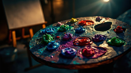 A close-up view captures an artistic wooden palette brimming with vivid acrylic paints, ready for painting. The colorful array of paint demonstrates a wide range of colors and shades, offering a rich texture and visual feast. Ideal for illustrating the creative process, art studio environments, or DIY projects, this image showcases essential art supplies and tools. This image is perfect for showcasing artwork, design, or art class materials. The vibrant hues and bright appearance make it a great option for both commercial and editorial use.の素材