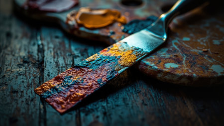 A detailed macro shot captures the artistry of a palette knife with a symphony of vibrant colors dancing across a wooden surface. This image showcases rich textures and expressive strokes, highlighting the beauty of abstract painting techniques. Perfect for designers, artists, and creatives, this image is ideal for illustrating art supplies, artistic expression, design elements, or adding a burst of colorful inspiration to any project. The close-up detail emphasizes the handmade craft and the tools of the painter.の素材