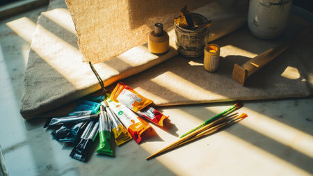 A captivating artistic still life arrangement features paint tubes, brushes, a canvas, and various artistic tools bathed in soft, natural light. The scene showcases a creative studio setup with vibrant colors, textures, and details. Perfect for illustrating painting, art, and crafting projects, this image highlights the artist's workspace and supplies, offering inspiration for artists, designers, and anyone passionate about creativity and the art of painting. Capture the essence of the artistic process with this composition.の素材