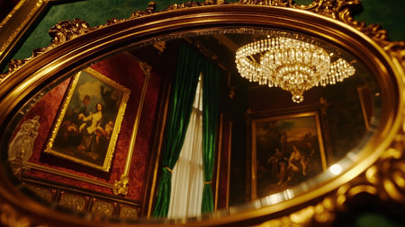 An opulent gold mirror reflects a stunning antique painting, a glittering crystal chandelier, and the elegant details of a luxurious interior. This image showcases a baroque design with ornate gold detailing, perfect for illustrating concepts of luxury, history, and refined taste. The reflection provides a unique perspective on the room's classic decor, ideal for interior design projects, articles on historic architecture, or marketing materials for high-end brands. The image evokes feelings of wealth and vintage charm.の素材