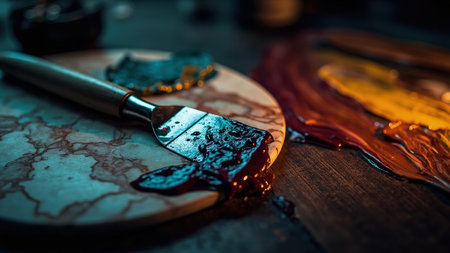 A dramatic close-up showcases an artistic paint palette knife laden with splattered dark colors, offering a captivating glimpse into the creative process. Rich red, brown, and yellow hues blend on the palette knife, creating an abstract painting with visible texture. Set against a wooden surface with a subtle marble effect, this image is perfect for illustrating artist studios, workshops, contemporary art, and moody design projects needing a touch of artistic flair.の素材
