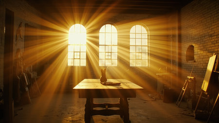 A sunlit studio interior bathes in golden light, streaming through arched windows and illuminating a rustic wooden table. This artistic workspace features a warm, inviting atmosphere, with beams of light creating beautiful rays across a brick wall. The image evokes feelings of peace and serenity, making it perfect for creatives seeking inspiration. It is ideal for illustrating concepts of creativity, workshops, artist studios, or adding a touch of vintage charm to any project.の素材