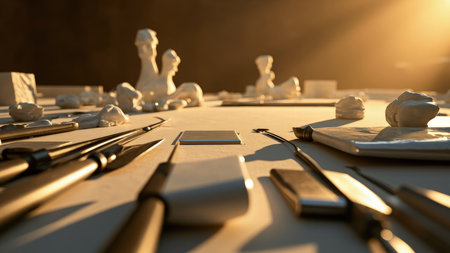 A sculptor's modern workspace is bathed in golden light, showcasing the tools of the trade alongside intriguing clay objects. The still life arrangement features detailed tools and partially formed sculptures, emphasizing the handmade quality of the artistic process. The shallow depth of field draws focus to the subject while the beige background creates a neutral canvas, ideal for projects related to sculpture, design, craft, or art education. This image evokes creativity and craftsmanship.の素材