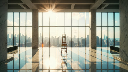 Experience modern luxury in this elegant interior, bathed in bright sunlight reflecting off a glossy marble floor. A minimalist wooden chair sits before a panoramic city view, capturing a breathtaking cityscape and high-rise skyline. This contemporary architectural design offers a serene and inspiring workspace, perfect for business or creative endeavors. The light-filled space, framed by expansive windows, evokes a sense of calm and sophistication, ideal for projects requiring a touch of urban elegance. Consider this image for interior design projects or editorial features.の素材