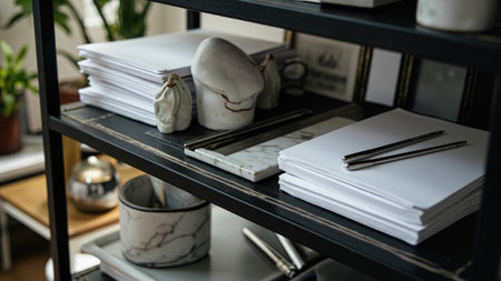 A stylish home office shelf showcases an aesthetic workspace designed for productivity and calm. This image features a modern, black shelf filled with organized stationery, including paper and pens, alongside decorative objects like frames and plants. The minimalist design and neutral tones create an elegant and clutter-free environment. This image is ideal for illustrating interior design concepts, lifestyle blogs, or articles about home office organization and modern workspace aesthetics.の素材