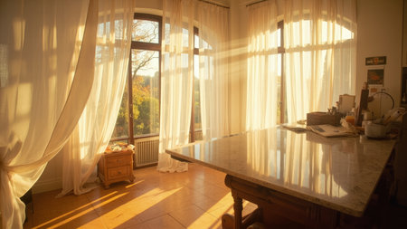 Bathed in warm sunlight, a cozy home interior showcases a workspace with wooden furniture. Window curtains filter light onto a reflective table, creating soft shadows and reflections. This aesthetic scene emphasizes natural light and a serene atmosphere, ideal for illustrating concepts of comfort and peaceful productivity. Perfect for lifestyle, design, or residential content, the image evokes a warm and elegant autumn or fall vibe, ideal for showcasing creative office or studio environments.の素材