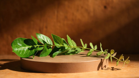 A fresh, vibrant green leafy sprig rests delicately on a circular brown wooden podium, illuminated by soft natural lighting. This elegant still life features a single leaf showcasing the beauty of nature in a minimalist composition. The image highlights concepts like organic wellness and environmental harmony. Ideal for showcasing products, creating display visuals, or enhancing presentation materials, this image with ample copy space evokes a sense of tranquility and fresh beginnings. Keywords: green, plant, foliage, eco, environment, stage, showcase.の素材
