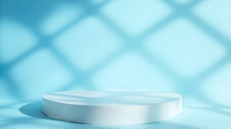 Showcase your products elegantly with this minimalist image. A pristine white pedestal stands in front of a soothing blue background, enhanced by a subtle window shadow for a touch of depth. Perfect for product display and mockup presentations in cosmetics, beauty, and spa industries. This 3D rendering offers a clean and stylish backdrop for advertising and marketing campaigns, creating a visually appealing stage for your featured item. The blank space and empty platform provide ample room for creative design.の素材