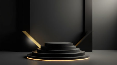 Elevate your brand with this elegant 3D render featuring a black and gold stage design. A sophisticated illuminated pedestal provides the perfect platform for product display or presentation. This image showcases a modern, minimal design with geometric elements and dramatic lighting. Ideal for advertising, promotion, and event marketing, this striking background offers a luxurious and clean aesthetic for showcasing your products or brand. The blank space allows for creative integration of your content, making it perfect for an exhibition or digital showcase.の素材