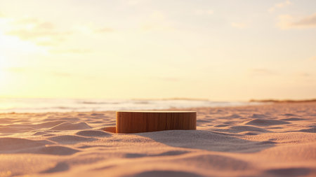 Showcase your product with this stunning image of a wooden product display podium set on a pristine sandy beach. Bathed in the soft sunlight of golden hour, the scene offers a serene and minimalist backdrop, perfect for advertising and cosmetic presentations. The natural wood texture against the sand and ocean creates a visually captivating space ideal for mockup and template designs. This image, evocative of summer vacation and coastal lifestyle, invites tranquility while highlighting your product's beauty.の素材