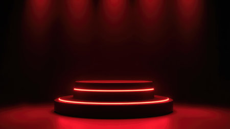 A vibrant, illuminated neon red stage offers a captivating backdrop for product showcase or presentation. This 3D rendered image features a glowing podium against a dark background, perfect for modern, luxury, or futuristic designs. Its elegant ambiance, enhanced by spotlight effects, is ideal for marketing, branding, and promotional materials. Use this striking visual for events, performances, and digital art applications, creating a memorable experience for your audience with this isolated and dynamic platform.の素材