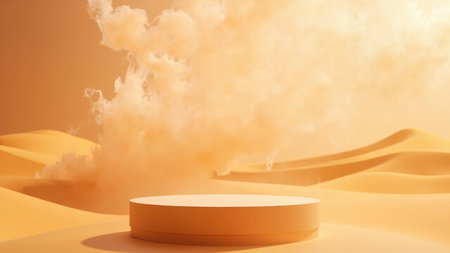 Visualize your product in this captivating desert scene. A cylindrical product podium stands centered amidst sweeping sand dunes, enveloped by a delicate cloud smoke effect. This 3D render offers a minimalist yet aesthetic backdrop, perfect for product display and advertising. The orange and beige hues create a warm and serene ambiance, ideal for brand presentations and marketing materials. Utilize this empty space as a showcase to grab attention with a clean and modern design.の素材