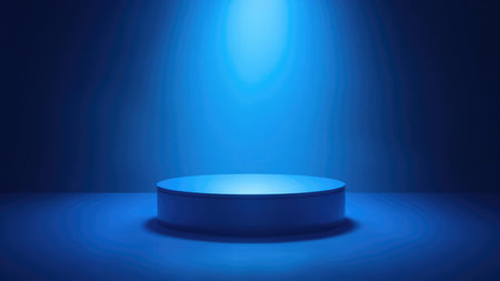 An elegant, empty blue product podium, illuminated by a bright spotlight, provides a clean and modern stage for product presentation. This 3D render features a minimalist design with a gradient cyan background, ideal for showcasing goods in a studio setting. Perfect for advertising, sales promotions, or commercial events, this isolated platform offers ample space for digital product placement and creative design. The simple, yet contemporary, design ensures that attention remains on the presented product.の素材