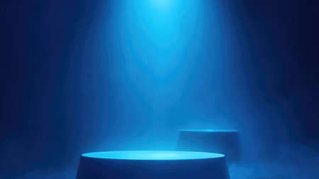 A stunning 3D render showcases a blue, illuminated stage with empty platforms, ideal for product presentation and display. Bathed in bright spotlights and surrounded by a hazy smoke, the scene evokes a futuristic and elegant ambiance. This minimalist design offers a clean, stylish background perfect for commercial advertising, digital graphics, or virtual showcases. Utilize this image to create compelling mockups, presentations, or eye-catching visuals that highlight your products in a unique and memorable way.の素材