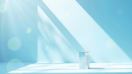 A minimalistic blue studio sets the stage for a sophisticated product presentation. This 3D rendering features a clear glass cube display bathed in soft sunlight and shadow, creating an elegant and modern aesthetic. The empty space provides a clean backdrop, perfect for showcasing products, advertisements, or mockups. Ideal for commercial design, this image offers a bright and creative solution for product showcases and artistic presentations.の素材