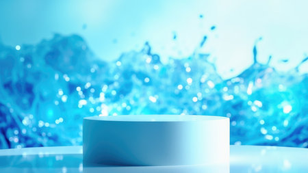 Showcase your product with this stunning 3D render featuring a minimalist cylindrical podium against a dynamic water splash background. The sleek, clean design and blue hues create a visually appealing and professional aesthetic. Ideal for product display, presentations, and advertising, this image provides the perfect backdrop for commercial applications, cosmetic branding, or exhibition mock-ups. Utilize this image to elevate your showcase and captivate your audience.の素材