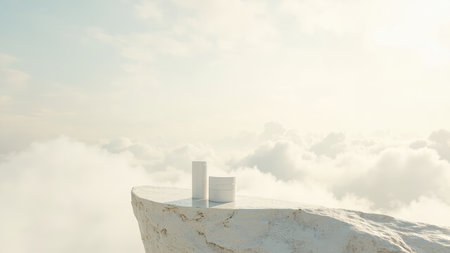 Showcase your cosmetic product or skin care line with this stunning product display. A minimalist white pedestal rests on a dramatic rocky cliff, floating above a sea of soft clouds under a bright sky. This aesthetic and elegant image is perfect for branding, promotional materials, and website advertisements. The clean composition and ethereal lighting create a dreamy and serene atmosphere, making it ideal for beauty and cosmetic packaging presentations. A modern and abstract 3D render, photographed from a high angle, provides a compelling visual experience.の素材