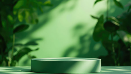 A modern and minimalist green product podium is bathed in the soft shadows of leaves, creating an ideal setting for showcasing cosmetics and beauty products. This image offers a clean and natural backdrop, perfect for product display, advertising, and marketing campaigns. The eco-friendly aesthetic, enhanced by sunlight and tropical floral elements, evokes a sense of spa, wellness, and summer. Utilize this mockup for a professional product presentation, leaving ample blank space for your branding and messaging.の素材