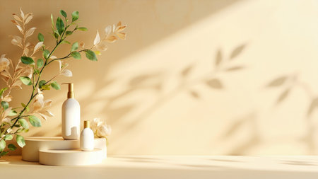 Elevate your skincare brand with this elegant product presentation. Featuring minimalist white bottles showcasing lotion, cream, and serum against a soft beige background, enhanced by delicate leafy shadows. This high-quality mockup is perfect for beauty and cosmetic companies seeking a clean and aesthetic visual for their product displays. Ideal for showcasing natural or organic skincare lines, the image exudes wellness and spa vibes. This design offers a sophisticated backdrop for your next presentation.の素材
