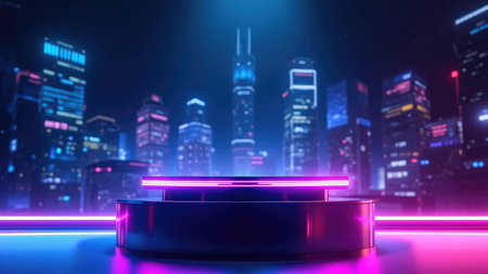 A stunning, futuristic presentation stage illuminated by vibrant neon lights offers a captivating visual. Set against a blurred city skyline at night, the platform exudes a cyberpunk and synthwave aesthetic. This digital art illustration is perfect for presentations, product showcases, and design templates. The glowing violet, purple, and blue hues create an atmospheric backdrop ideal for highlighting technology or a modern urban theme. Enhance your visuals with this unique stage design.の素材