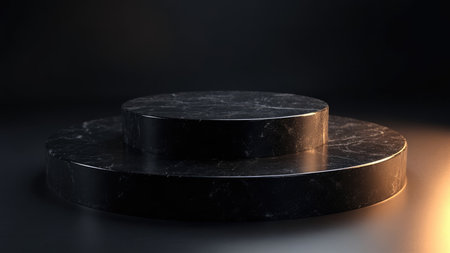 Showcase your products with this elegant black marble podium display. This minimalist design features a sleek, cylindrical stage perfect for product presentation, advertising, and promotional campaigns. The luxurious black marble texture, accented by a spotlight, creates a sophisticated backdrop. Ideal for 3D renders and product mockups, this display provides ample empty space for your content, offering a modern and elegant showcase for any commercial project.の素材