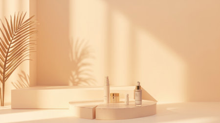 Showcase your skincare or beauty products with this elegant product display. Featuring cosmetic bottles and containers set against a creamy backdrop, this image highlights a minimalist and modern aesthetic. Soft natural light and a palm leaf shadow create a luxurious feel, perfect for promotional materials, advertising campaigns, and website visuals. Ideal for presenting serums, creams, and lotions, this mockup offers a clean and professional look for showcasing your skincare line's packaging.の素材