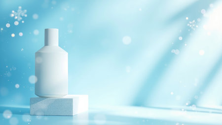 A pristine white cosmetic bottle is showcased on a textured podium, creating a sophisticated product mockup. The scene is enhanced by a dreamy winter backdrop with soft bokeh and delicate light rays, evoking a sense of elegance and serenity. This versatile image is perfect for skincare and beauty product advertising, packaging design, and product presentations, providing a clean and minimalist aesthetic for various marketing needs. It's ideal for portraying a luxurious, spa-like atmosphere.の素材