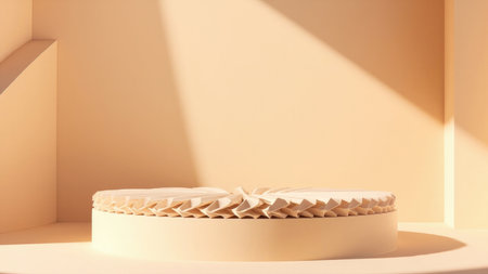 A stunning 3D render showcases an elegant geometric product display podium, ideal for showcasing products. Bathed in soft lighting and subtle shadows, the minimalist design features a beige and cream color palette. This versatile platform is perfect for a mock-up, presentation, or advertising campaign. Its abstract aesthetic and empty space make it suitable for commercial or luxury product promotions, offering an attractive stage for your items. Perfect for sale, promo, and marketing materials.の素材