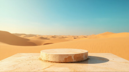 Showcase your product in the vast desert landscape with this stunning image. Featuring an empty stone display podium set against a backdrop of endless sand, sky, and dunes, this image offers a unique and captivating background for product showcase and advertising. The empty stage provides ample space for your visuals, highlighted by the warm sunlight and scenic natural environment. Ideal for product presentation, advertisement, and mockup designs, this 3d render presents a minimalistic and natural aesthetic.の素材