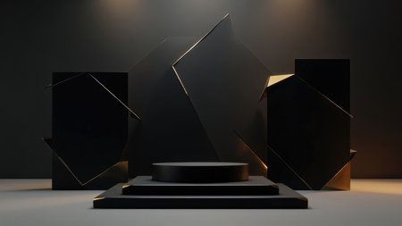 Elevate your brand with this striking 3D render featuring an abstract black and gold podium stage. The luxury design incorporates modern geometric elements and a sleek metallic finish, perfect for product display, showcase, or presentation. This elegant and stylish podium design provides a sophisticated background for advertising, marketing, and product placement. Ideal for exhibition spaces and brand-focused content, this empty stage creates a premium and futuristic feel.の素材