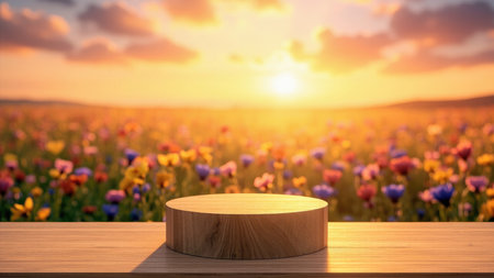 Showcase your product in the best light with this elegant wooden product display. A minimalist wooden podium sits atop a table, providing a clean stage for showcasing your merchandise. The backdrop features a serene, blurred field of wildflowers under a vibrant golden sunset, creating a beautiful and calming aesthetic. This image is perfect for product presentations, advertisements, and website banners, offering a captivating and natural backdrop to highlight your items.の素材