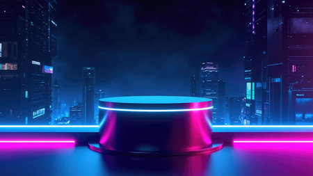 Showcase your product with this stunning 3D rendering of a futuristic stage platform. This visually compelling image features vibrant neon lights illuminating the platform against a captivating cyberpunk cityscape background. Perfect for product display or presentation, the design integrates elements of vaporwave and synthwave aesthetics. Use this image to create eye-catching advertising material that is modern, abstract, and sci-fi inspired. The glowing lights in hues of blue, pink, and purple add to the dynamic feel of the digital art piece.の素材