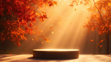 Immerse your product in the warmth of autumn with this stunning visual. This image showcases a product display platform set against a backdrop of vibrant orange and red foliage, bathed in golden light. The autumnal scene creates a captivating background for product presentation, providing a seasonal and inviting feel. Ideal for mockup and display purposes, this 3D render evokes feelings of serene beauty, perfect for highlighting products in a natural environment. Utilize this image to add a touch of warm Fall charm.の素材