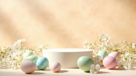 A beautiful Easter arrangement features an array of pastel colored eggs, artfully displayed on a pristine white podium. Delicate flowers and a warm, inviting background enhance the spring holiday celebration theme. This elegant composition provides an ideal display for product presentation, offering a minimalist and simple yet vibrant and colorful aesthetic. Perfect for conveying Easter greetings or enhancing marketing materials, this image brings a fresh, organic touch to any project.の素材