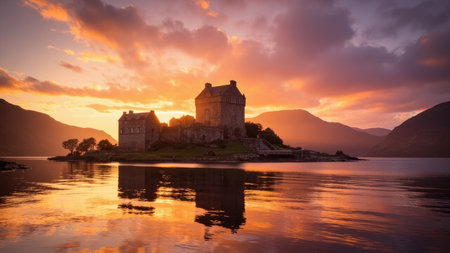 A majestic Scottish Highland castle stands on an island in a serene lake, bathed in the golden light of a dramatic sunset.  The tranquil waters reflect the vibrant orange sky and imposing castle, creating a breathtakingly picturesque scene. Ideal for travel, tourism, and historical contexts.の素材