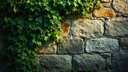 A textured backdrop of a rustic stone wall completely covered in vibrant green ivy.  Perfect for designs needing a natural, aged, and organic feel.  The sunlight and shadows add depth and visual interest to this high-resolution image, ideal for wallpaper, website backgrounds, or design projects.の素材