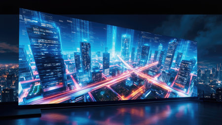 A vibrant, futuristic cityscape at night, displayed on a large digital screen.  Glowing skyscrapers and neon lights illuminate the bustling streets below, showcasing advanced technology and urban innovation.  The image represents a connected, modern metropolis, emphasizing progress and the potential of smart city initiatives.の素材